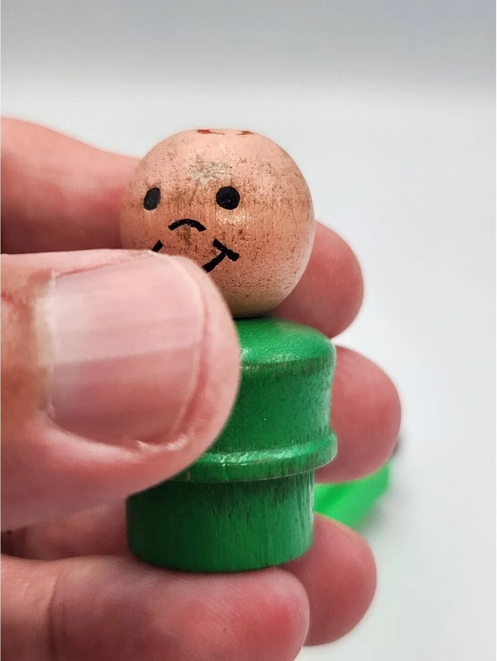 Vintage Fisher-Price Little People Wood Head Green Car & Figure Toy Vehicle C4